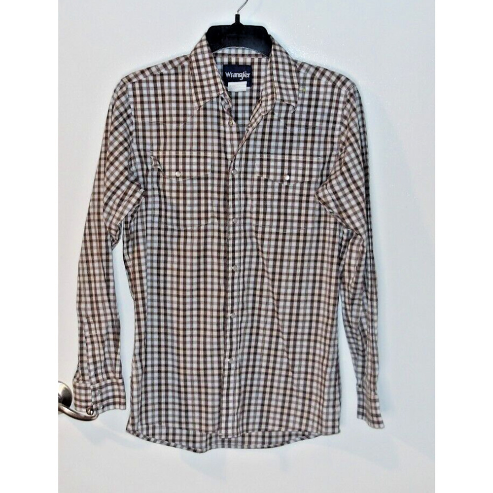 Wrangler Shirt Mens XL Brown Check Pearl Snap‎ Cowboy Western